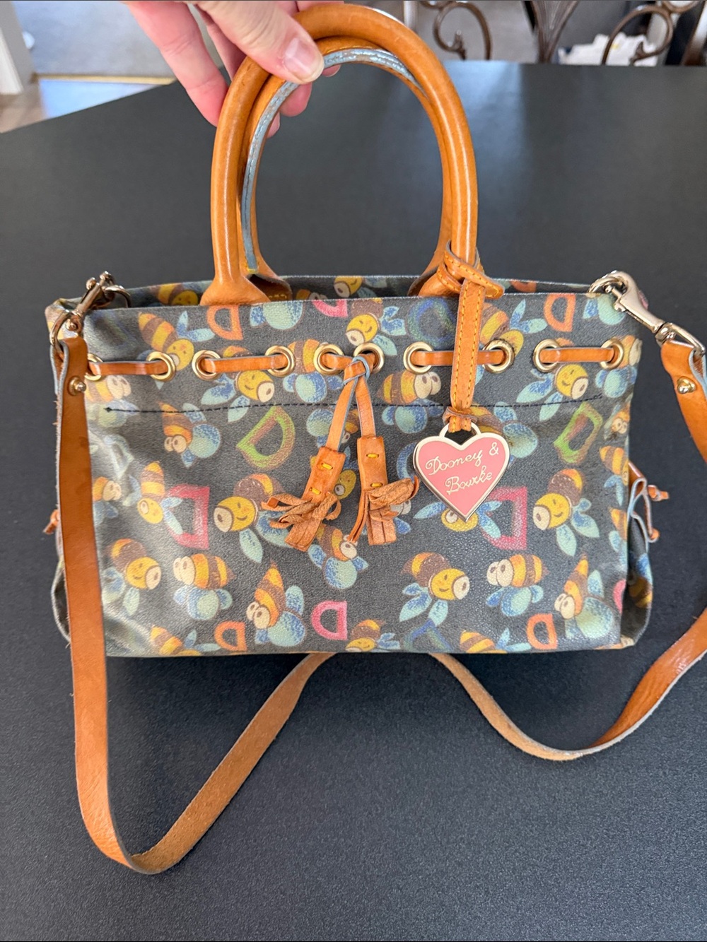 Vintage Dooney & Bourke Bee-Print Canvas Satchel with Tan Leather Trim